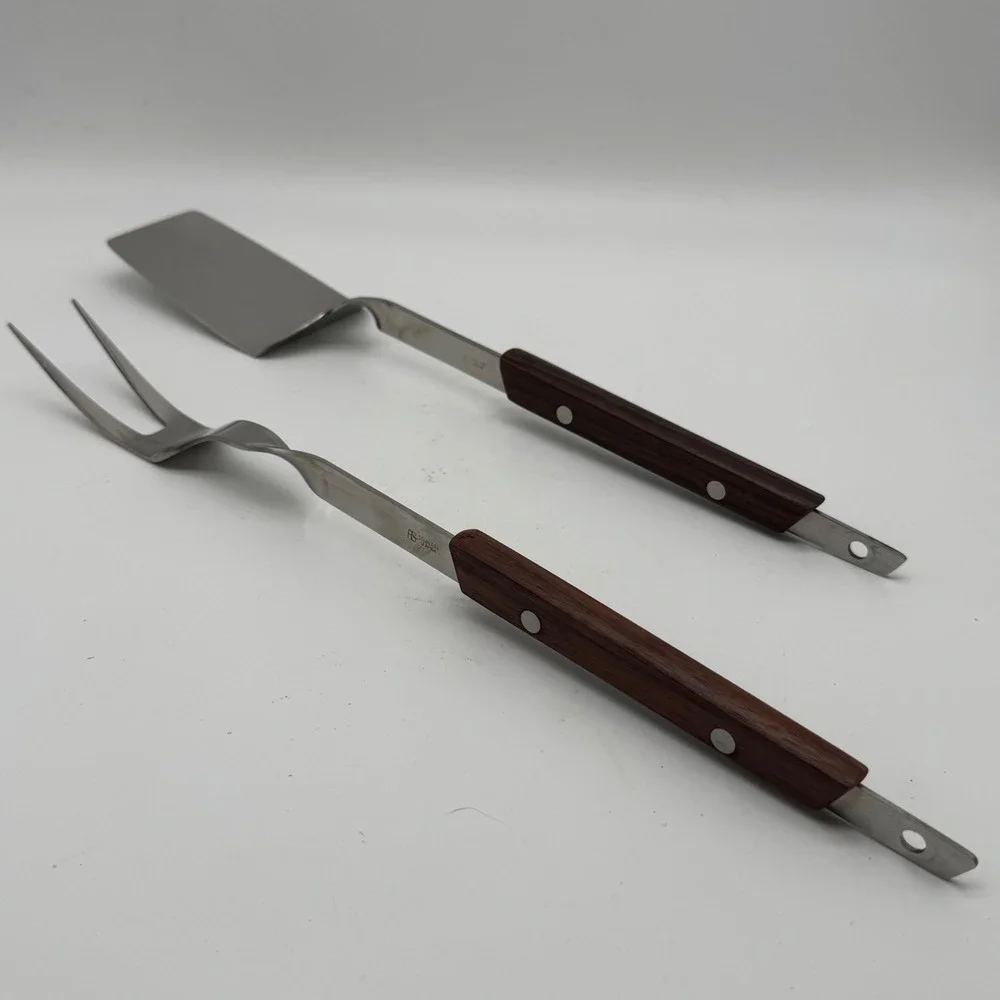 Vintage A.S. Stainless Japan BBQ Tool Set Long Wood Handle Spatula Fork 1960s